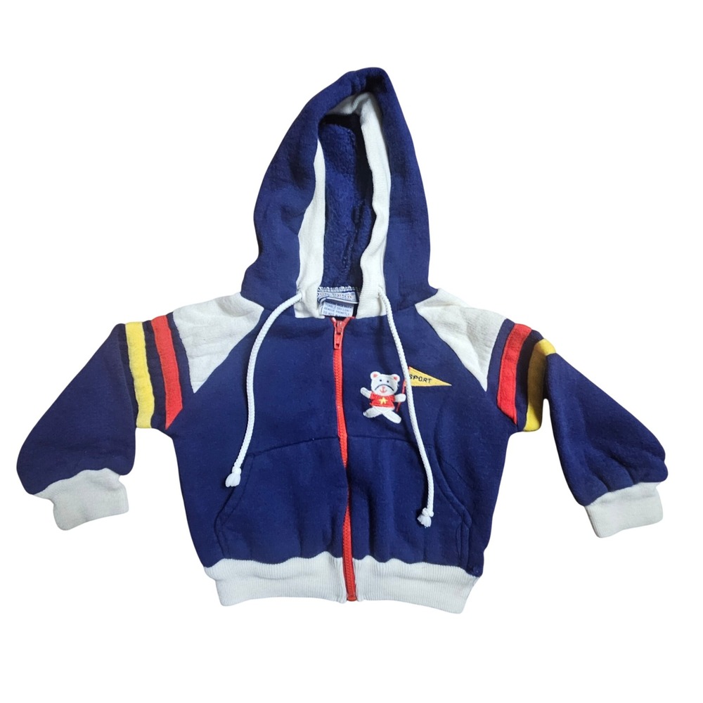 Vintage Doe-Spun Baby‎ Boy Teddy Bear Zip Up Hoodie Sweatshirt 12M Navy Kidcore